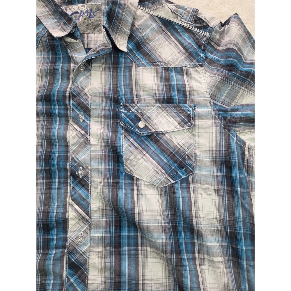 Chal Plaid Button Up Shirt Mens XXL Blue Gray Short Sleeve Casual - Picture 2 of 7